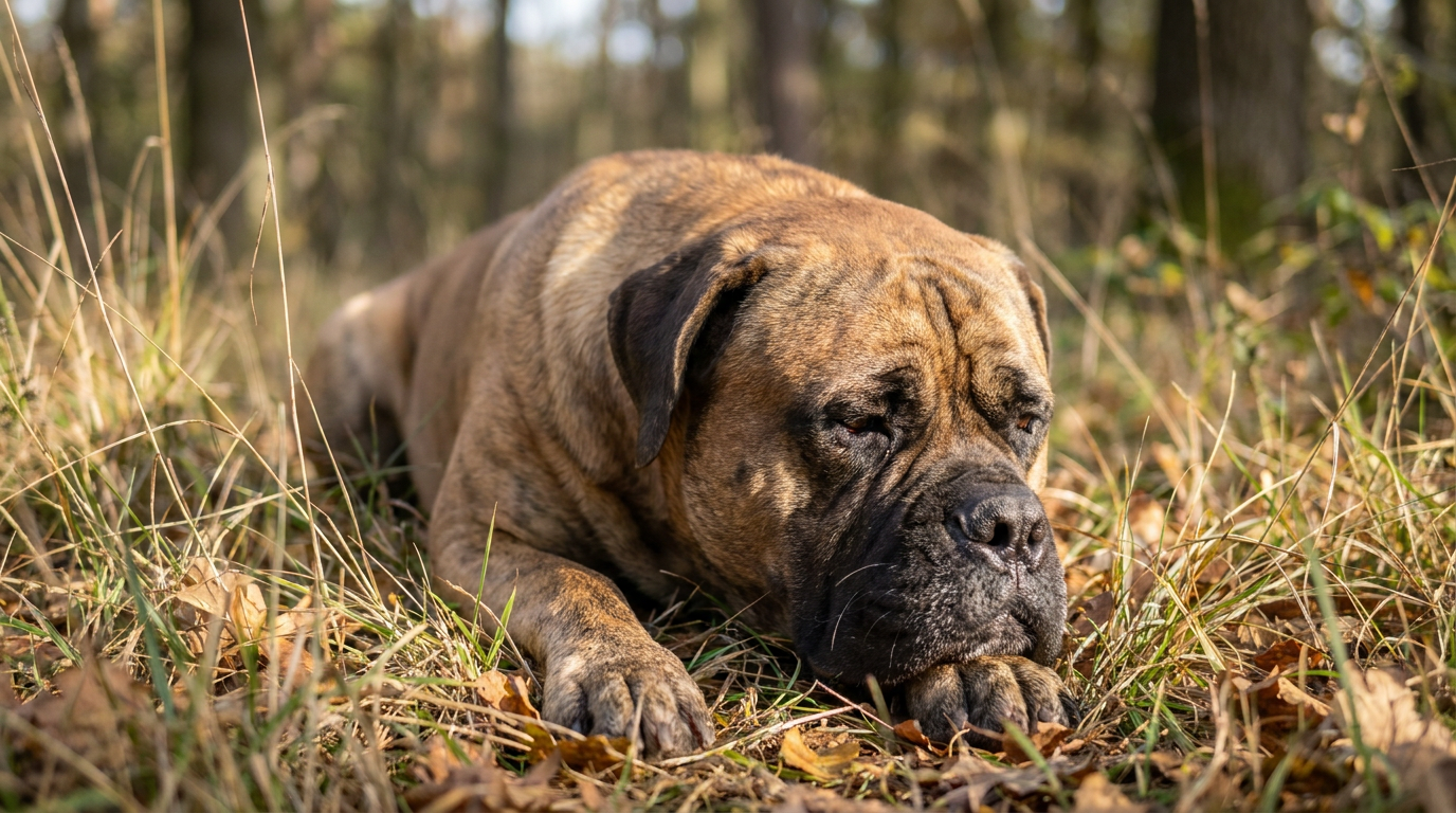 A powerful, muscular Bullmastiff standing alert with a short red coat and a dark muzzle.