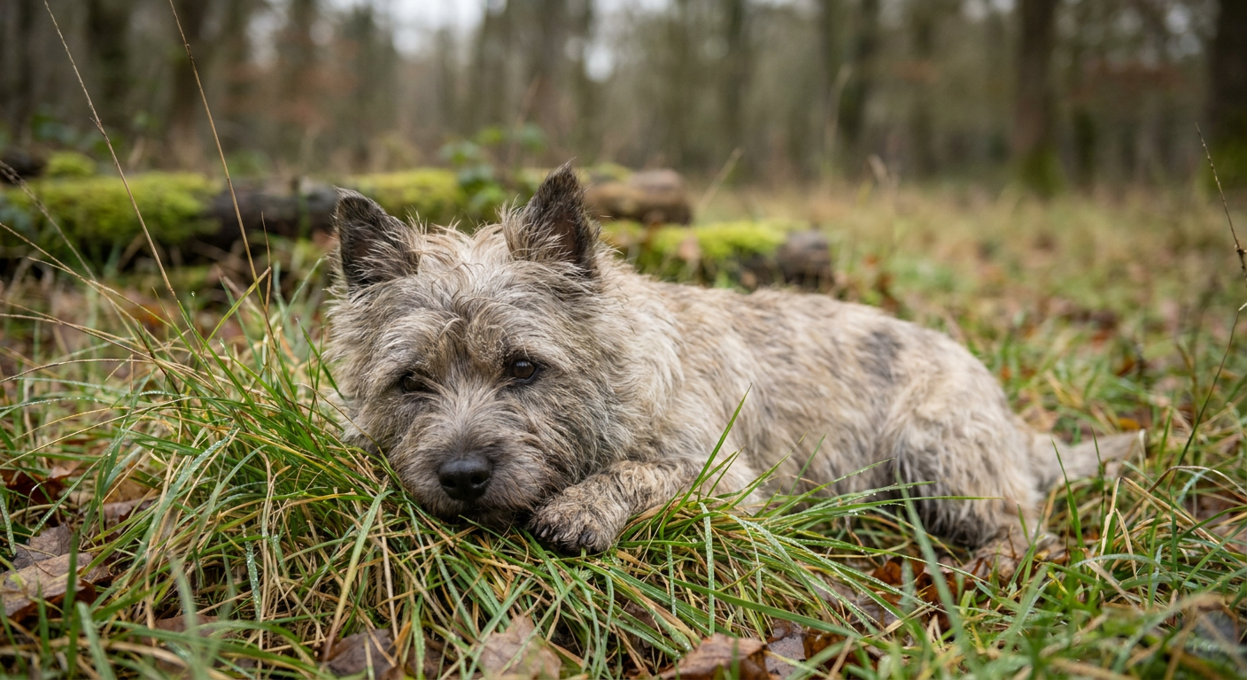 Wheaten Cairn Terrier standing on a rocky garden path