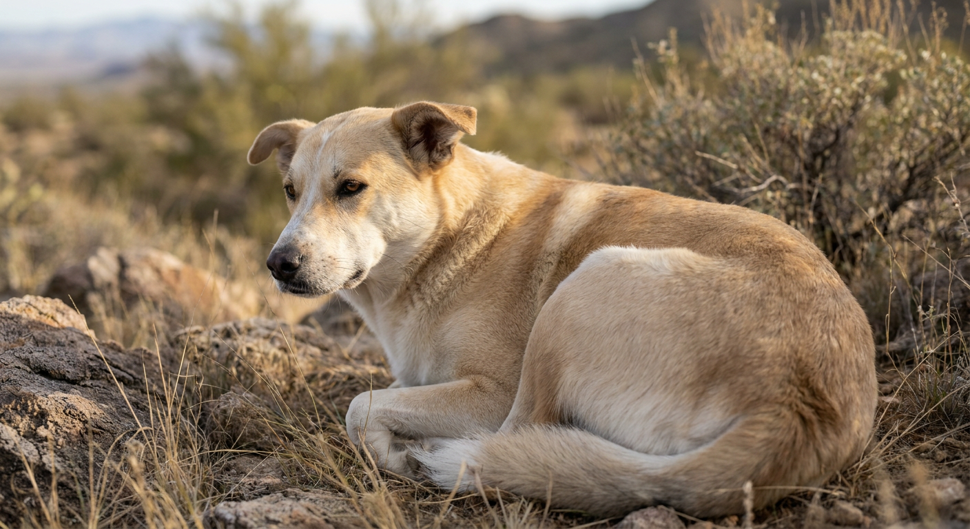 A medium-sized, square-proportioned Canaan Dog with erect ears and a bushy tail curled over its back, standing alert in a natural setting.