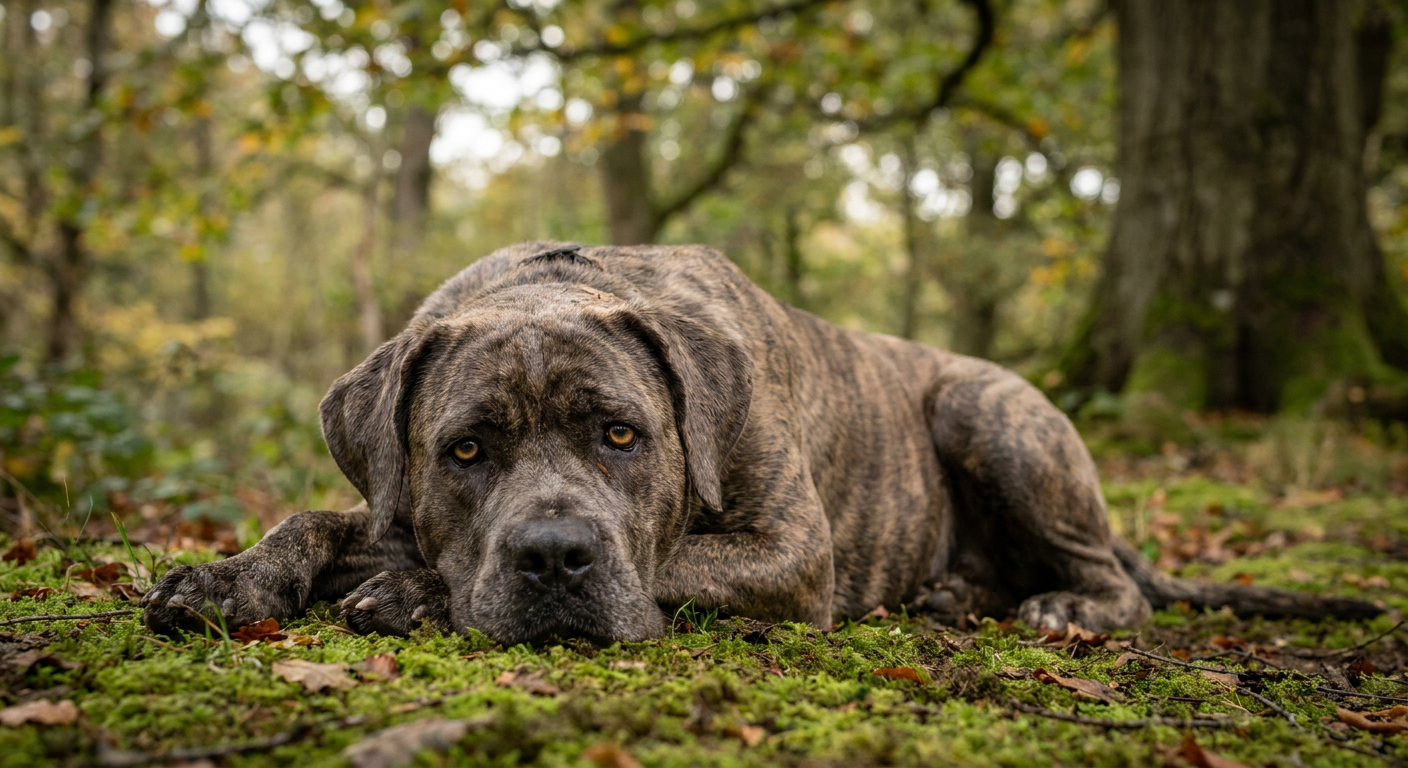 Black Cane Corso with sleek coat standing on a stone driveway in afternoon light