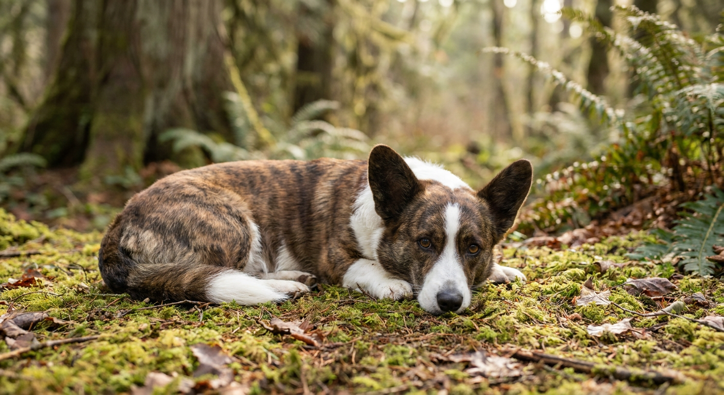 Brindle Cardigan Welsh Corgi with long bushy tail standing on a farm path