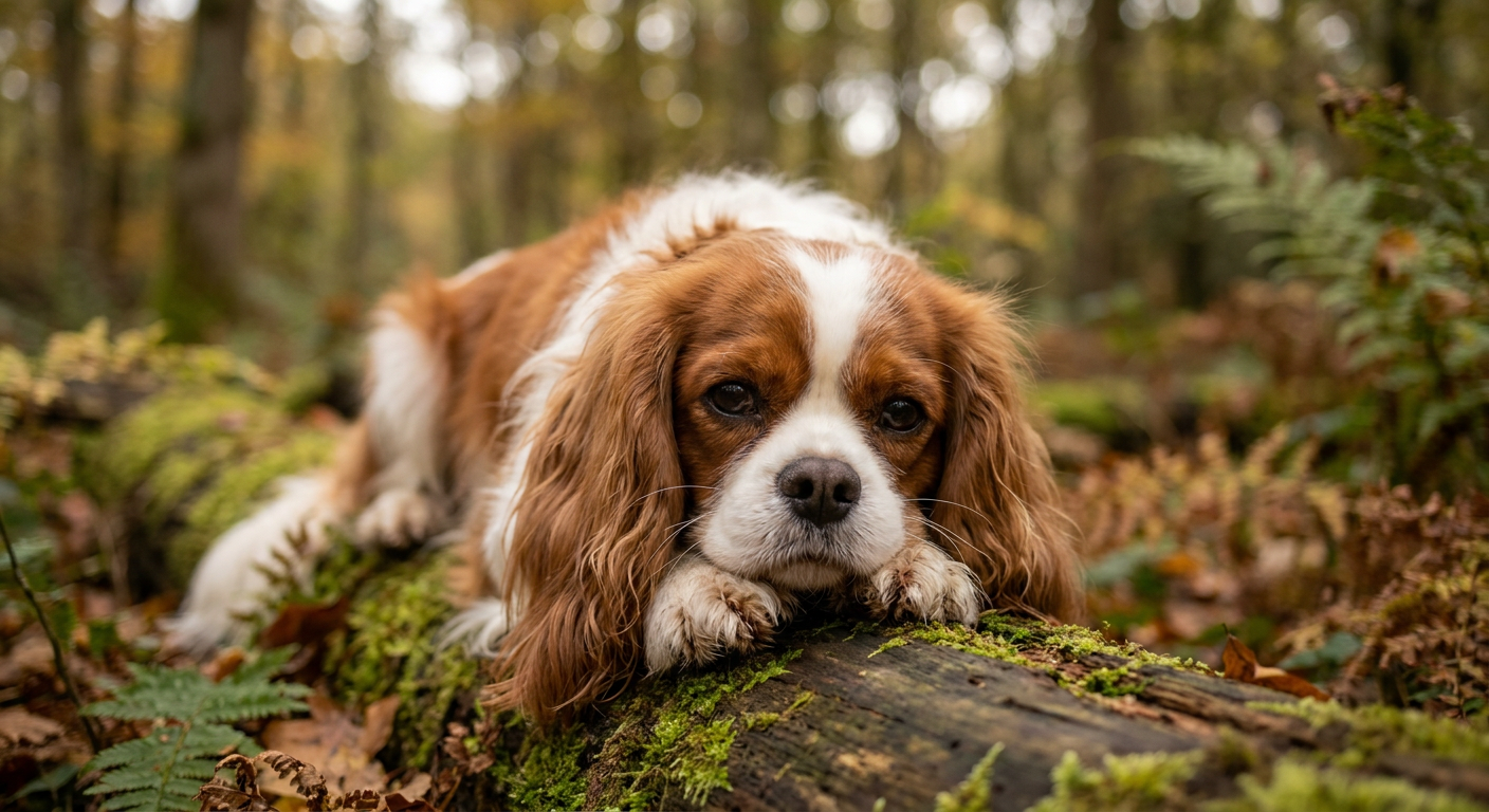 Cavalier King Charles Spaniel with chestnut and white markings sitting on a couch