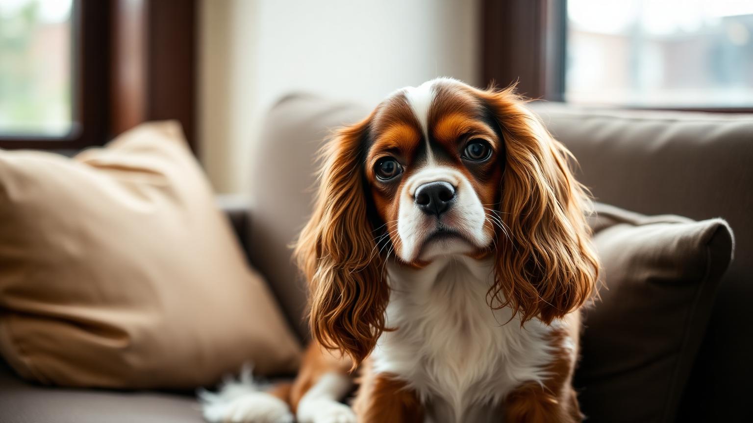 Cavalier King Charles Spaniel with chestnut and white markings sitting on a couch