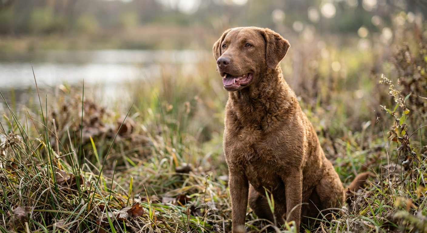 Chesapeake Bay Retriever standing on a wooden dock at sunrise