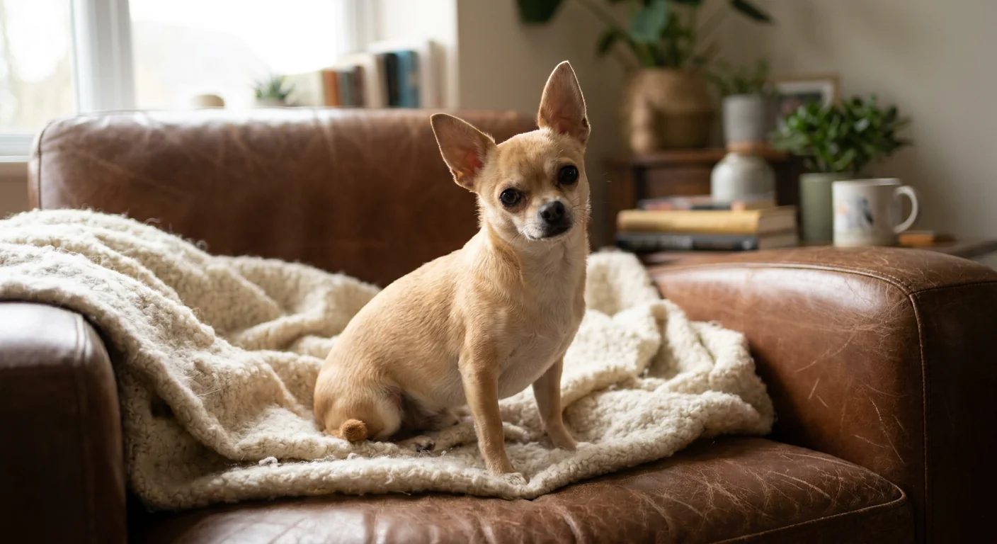 A tan, smooth-coat Chihuahua with large ears standing alert in a sunny, grassy field.