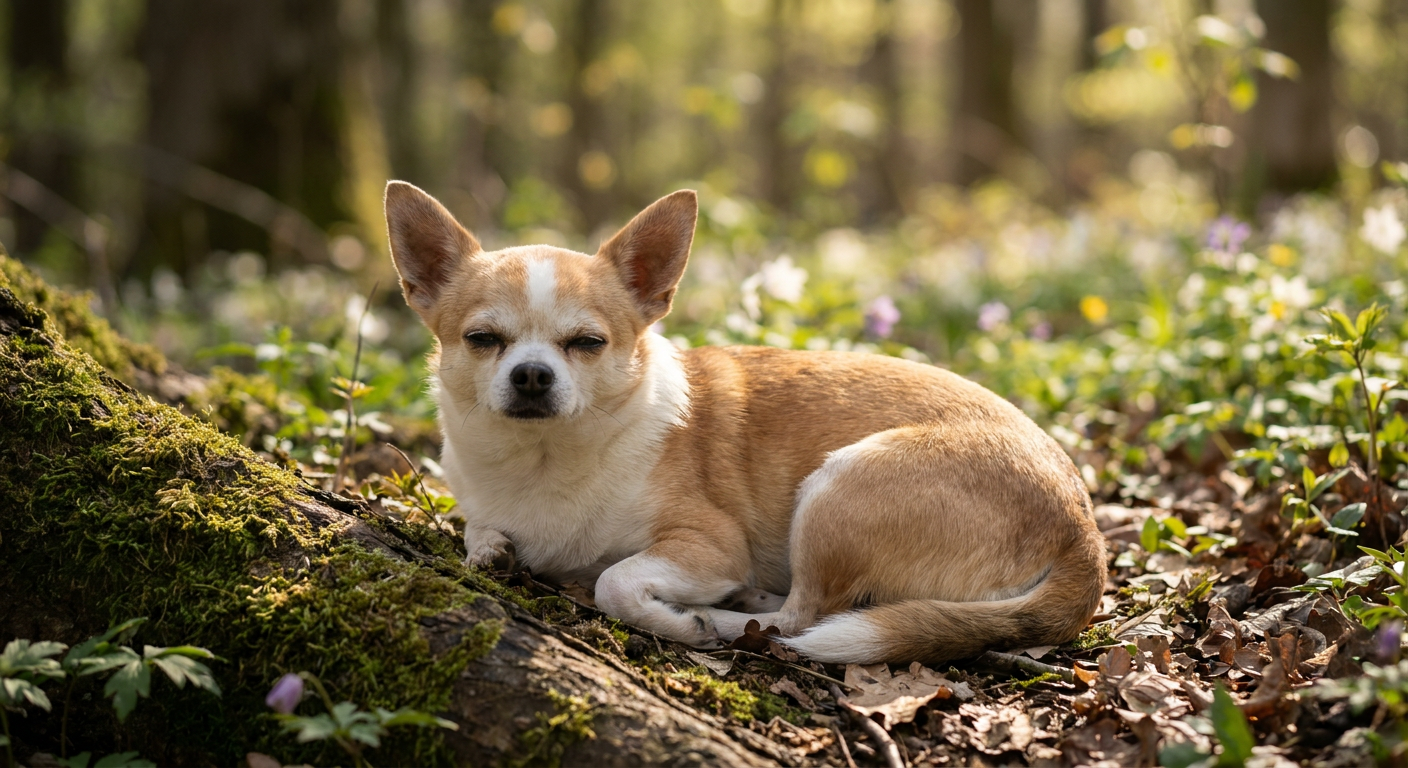 A tan, smooth-coat Chihuahua with large ears standing alert in a sunny, grassy field.