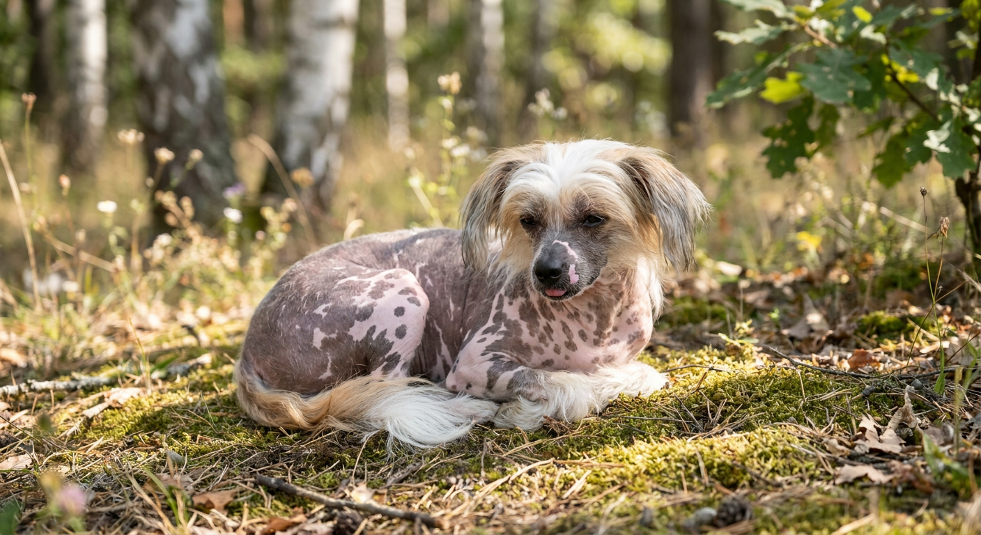 A Chinese Crested dog showing the hairless variety with a white crest of hair on its head and feet.