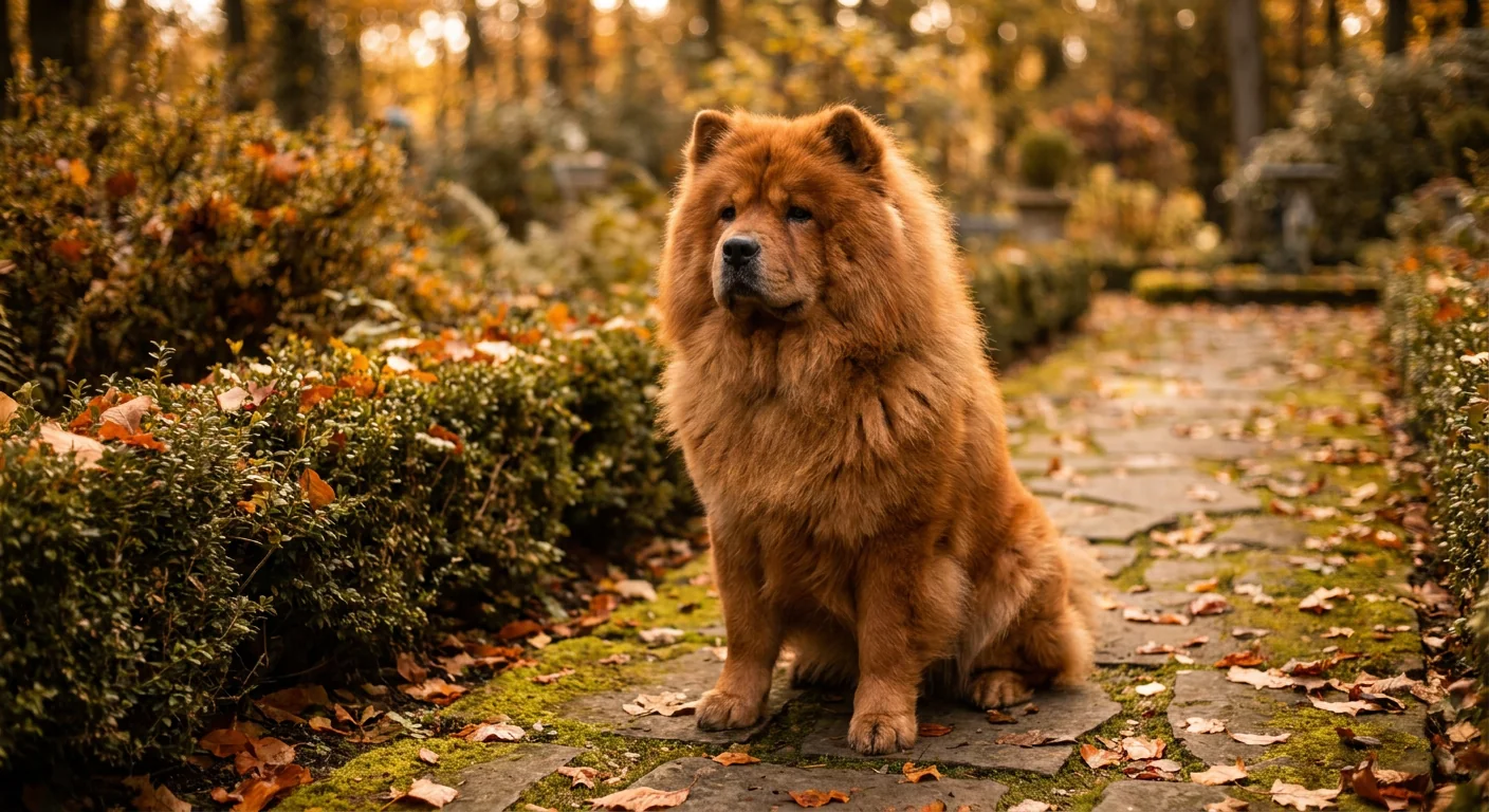 A red-coated rough Chow Chow standing outdoors on a path.