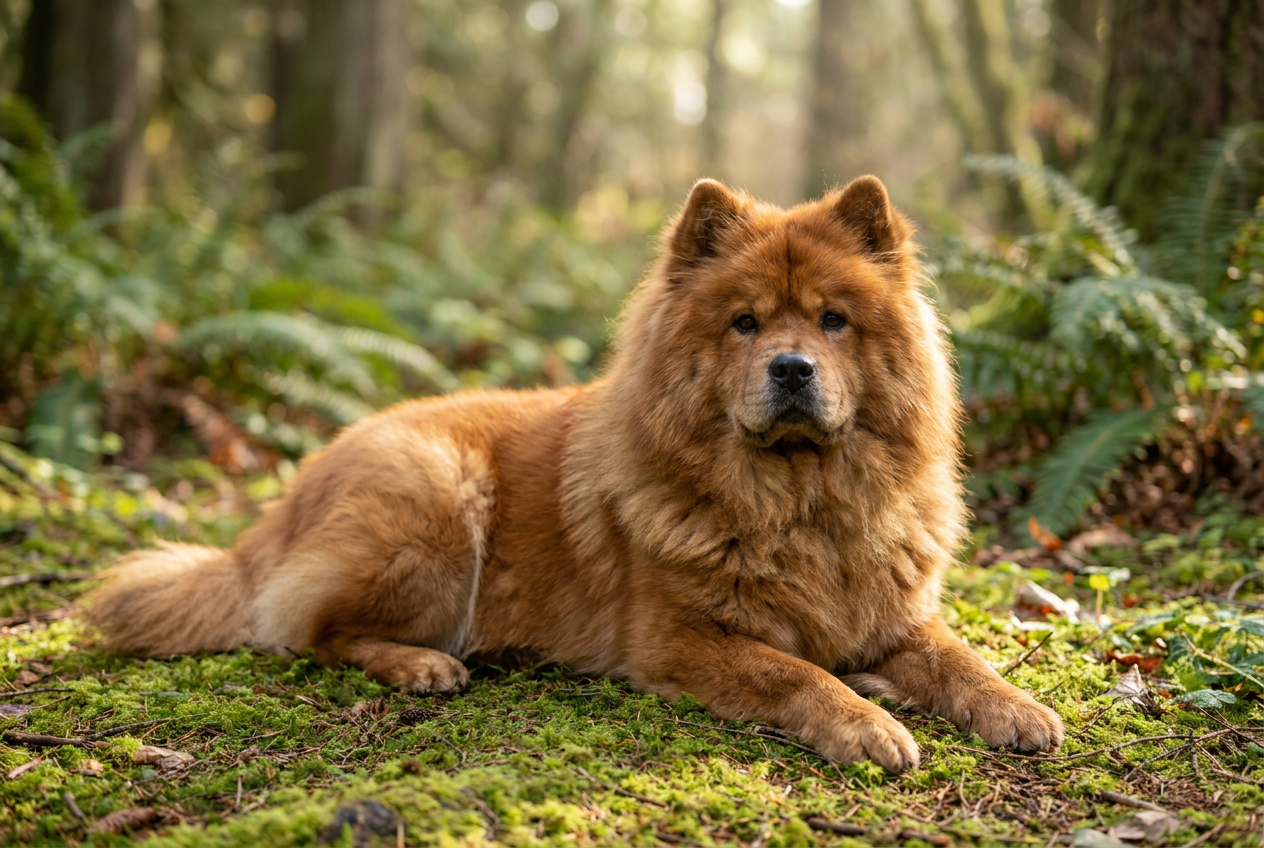 A red-coated rough Chow Chow standing outdoors on a path.