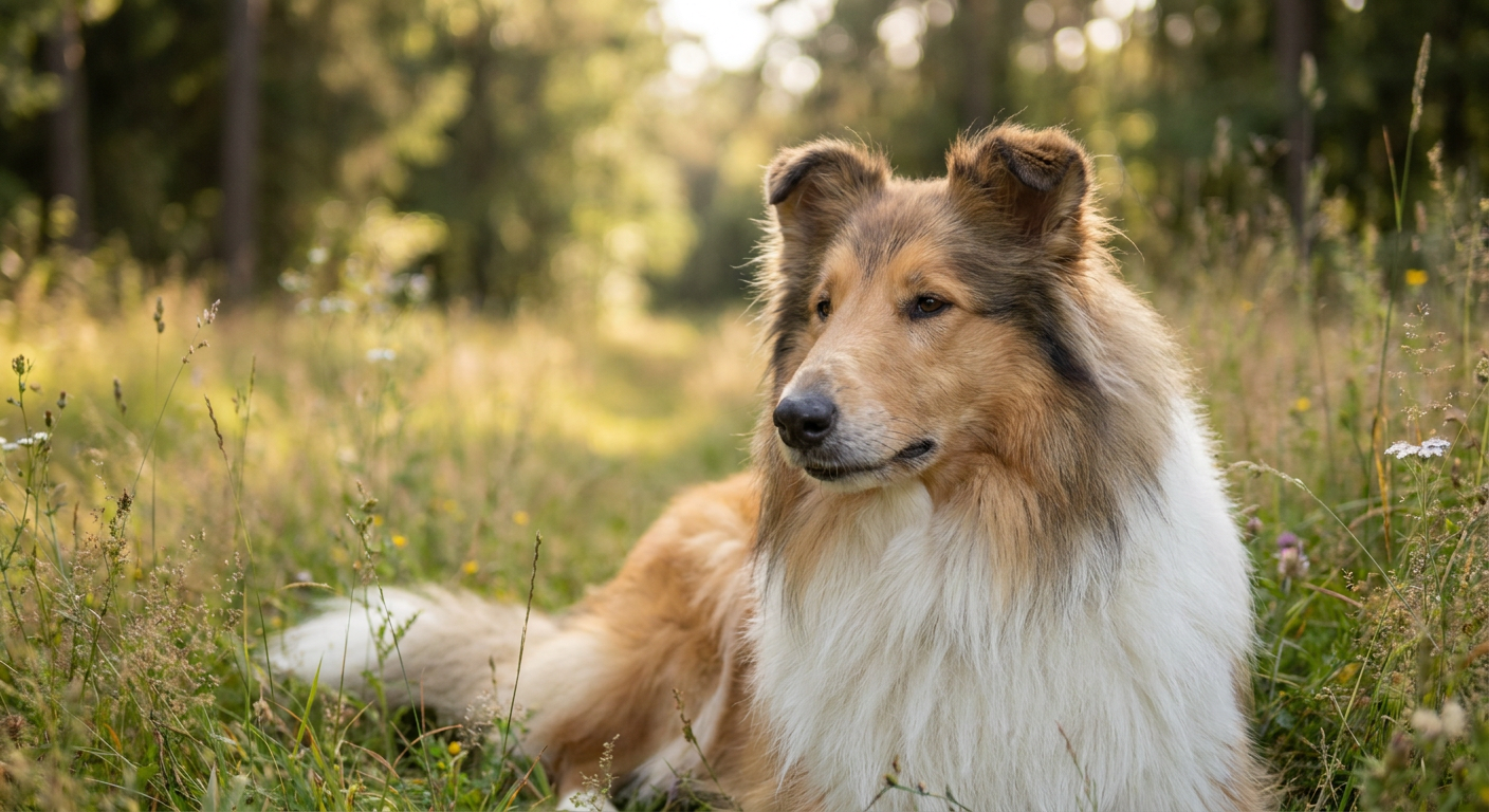 Sable-and-white Rough Collie with elegant long muzzle in a sunlit grassy field