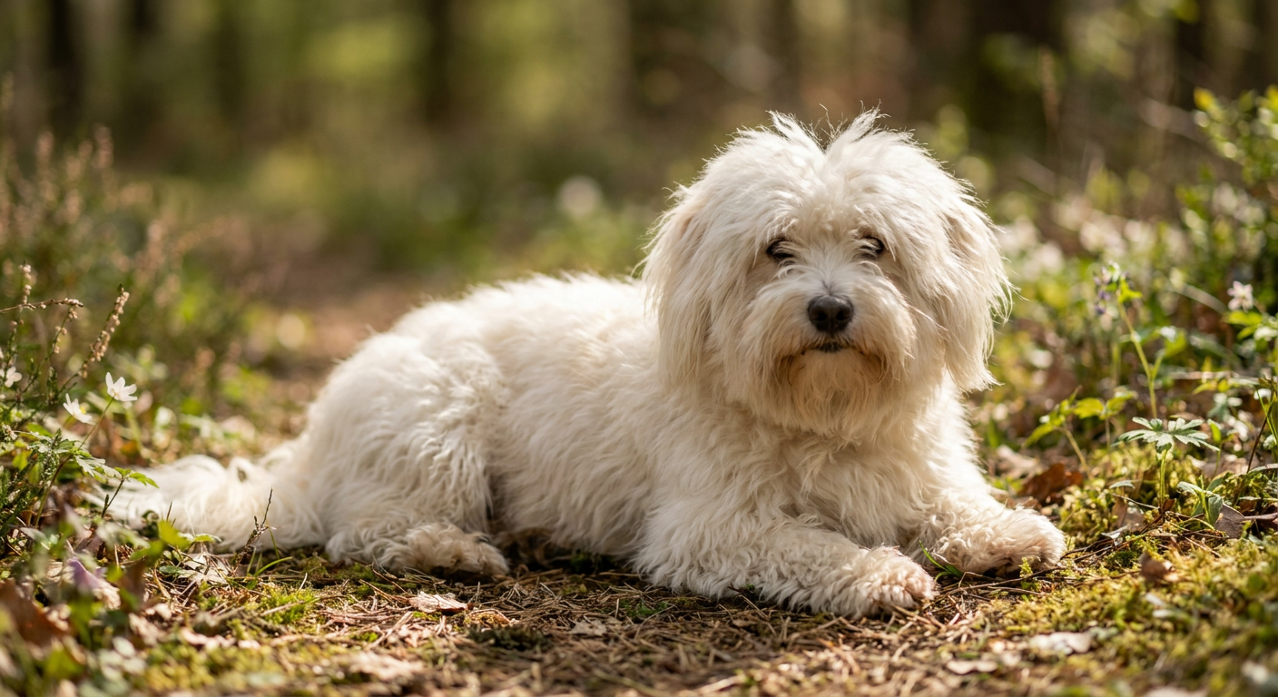 A white Coton de Tulear with a long, fluffy cotton-like coat standing on a lawn.