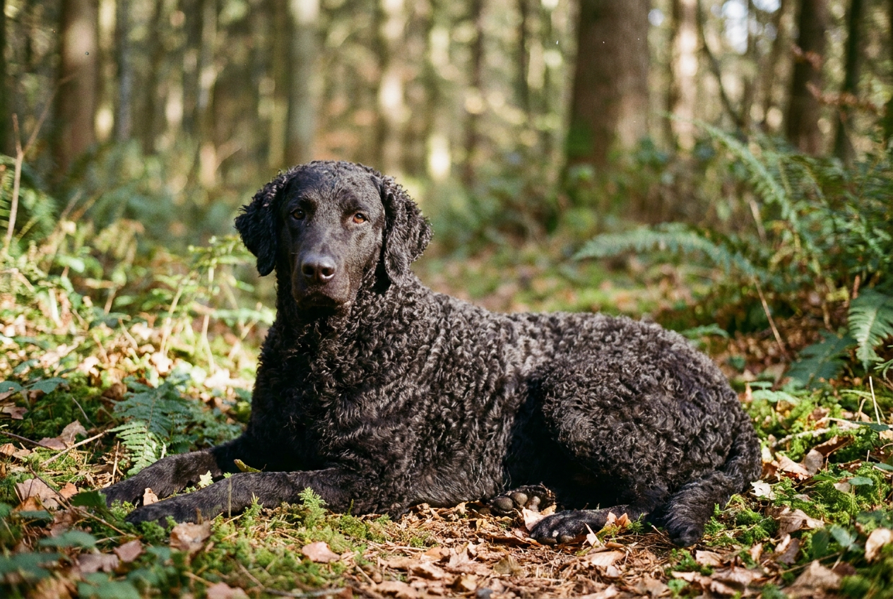 A tall, athletic black Curly-Coated Retriever standing alert with a dense coat of small, tight curls.