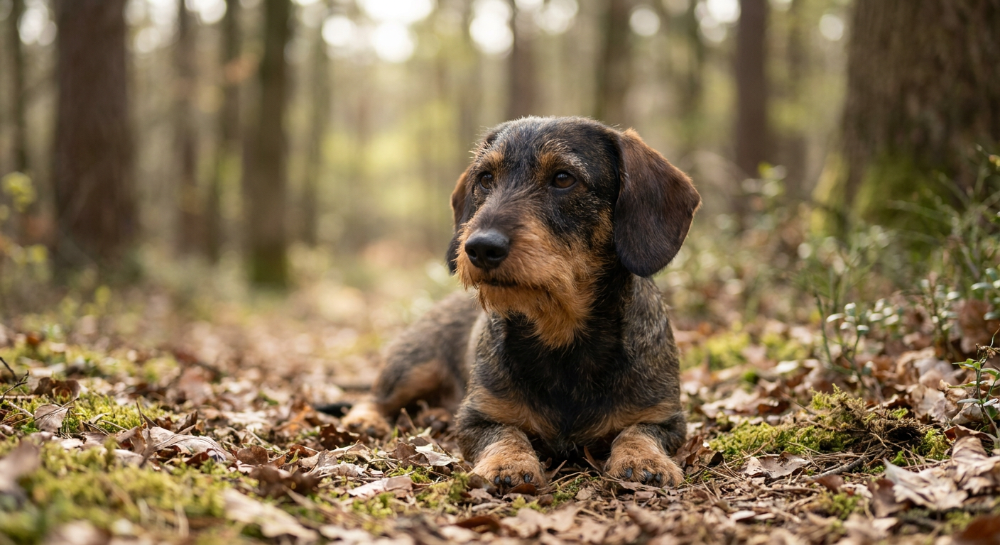 Smooth red Dachshund standing on autumn leaves