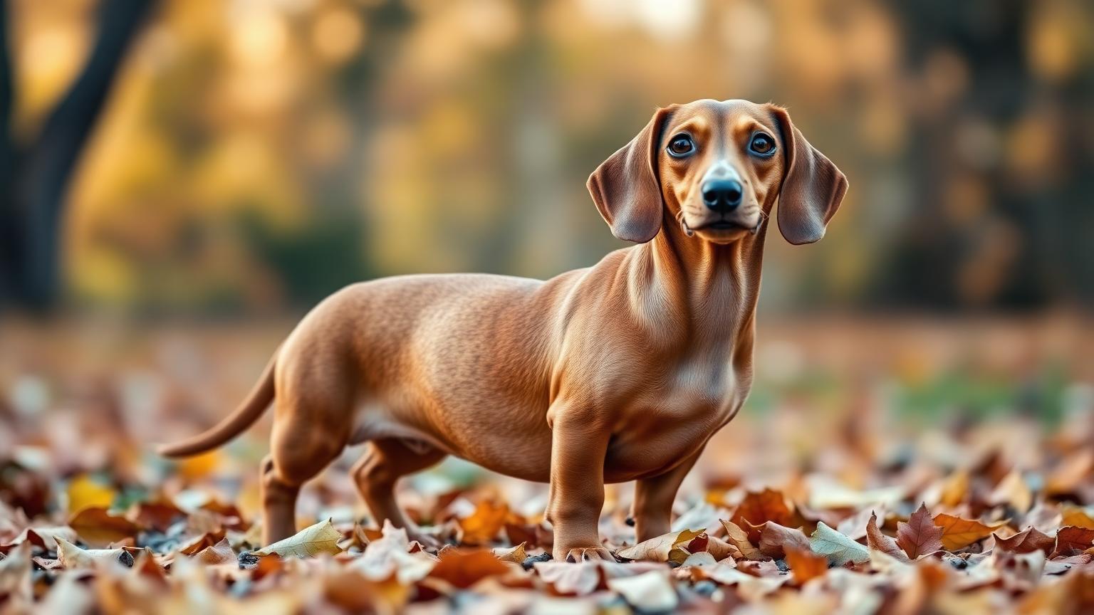 Smooth red Dachshund standing on autumn leaves