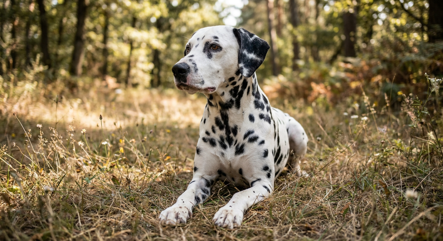 A black-and-white spotted Dalmatian standing in a grassy field.