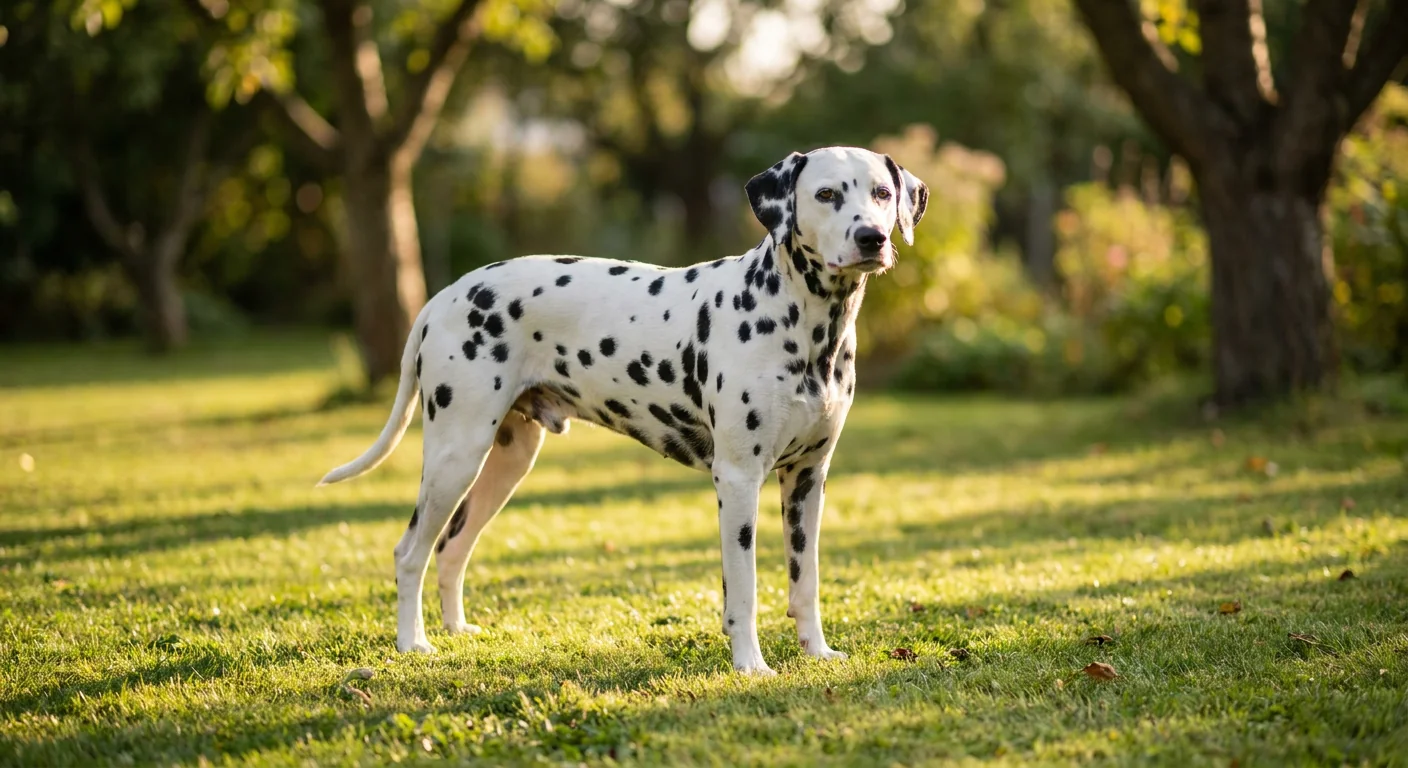 A black-and-white spotted Dalmatian standing in a grassy field.