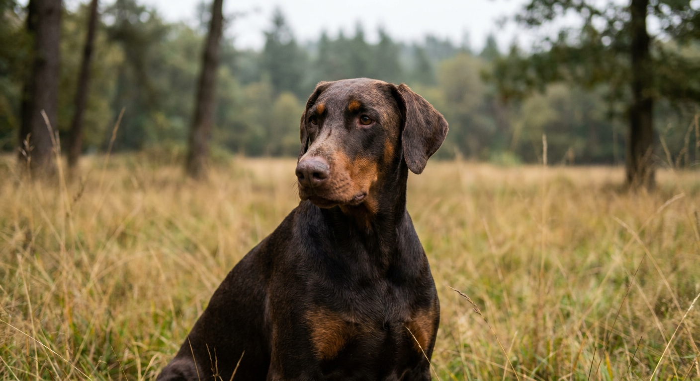 A black and rust Doberman Pinscher standing alert in a grassy field.