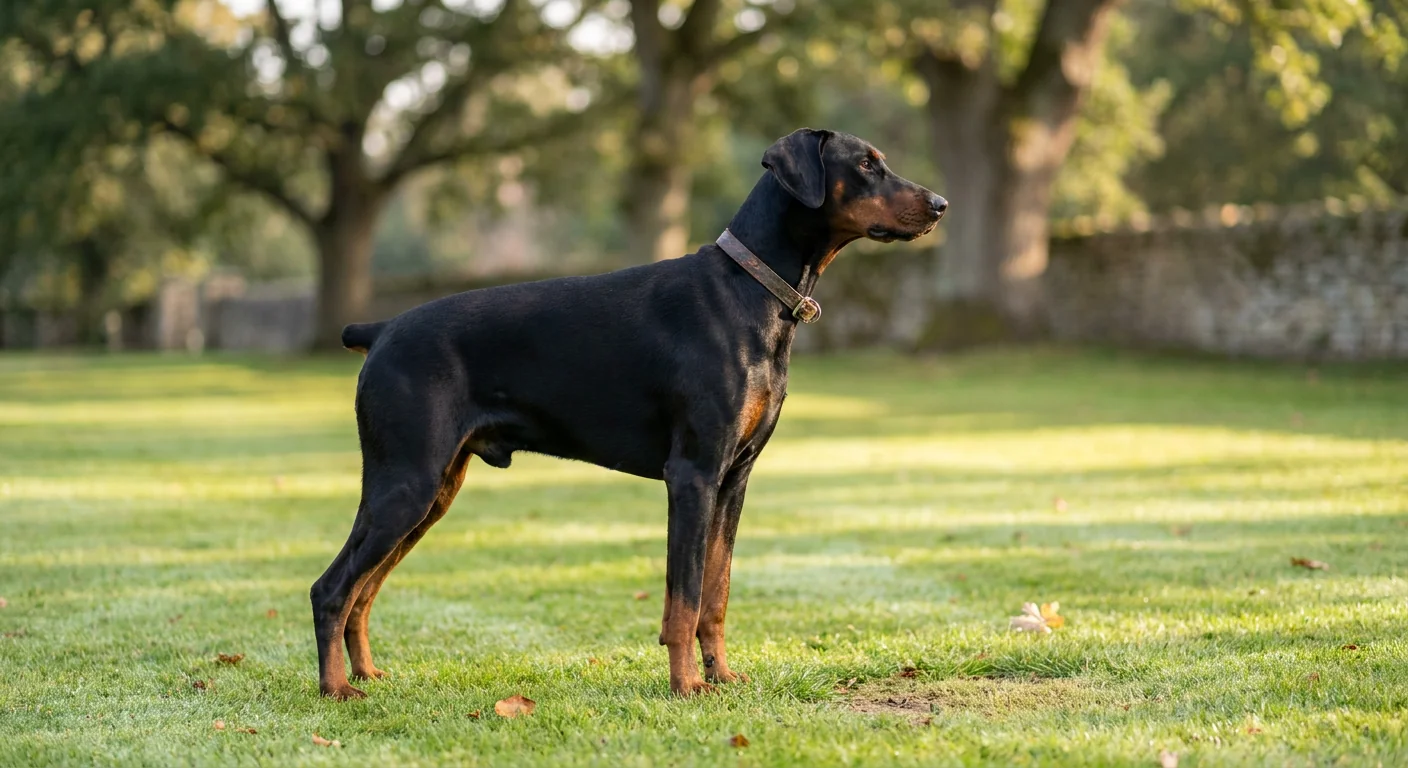 A black and rust Doberman Pinscher standing alert in a grassy field.