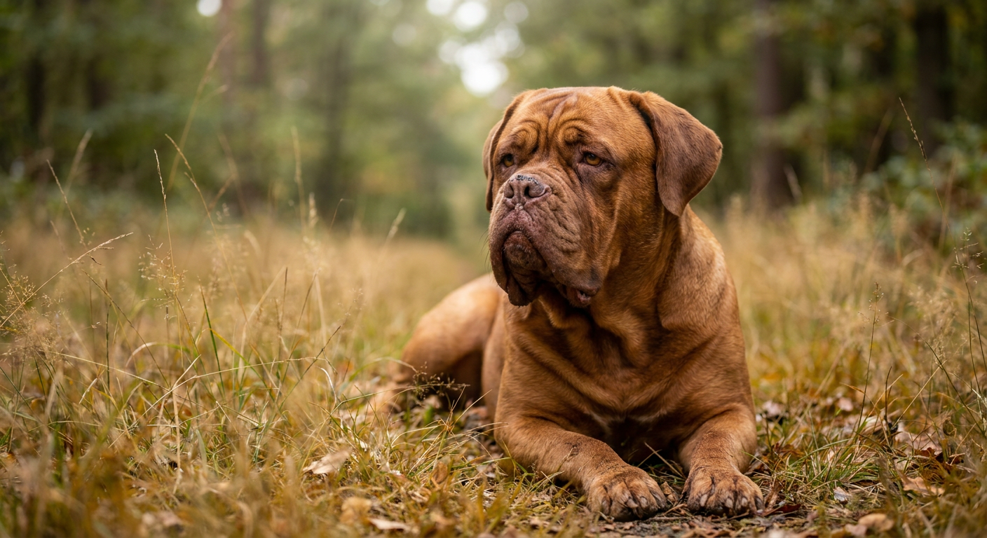 A massive, muscular Dogue de Bordeaux with a large, wrinkled head and a light fawn-colored coat.