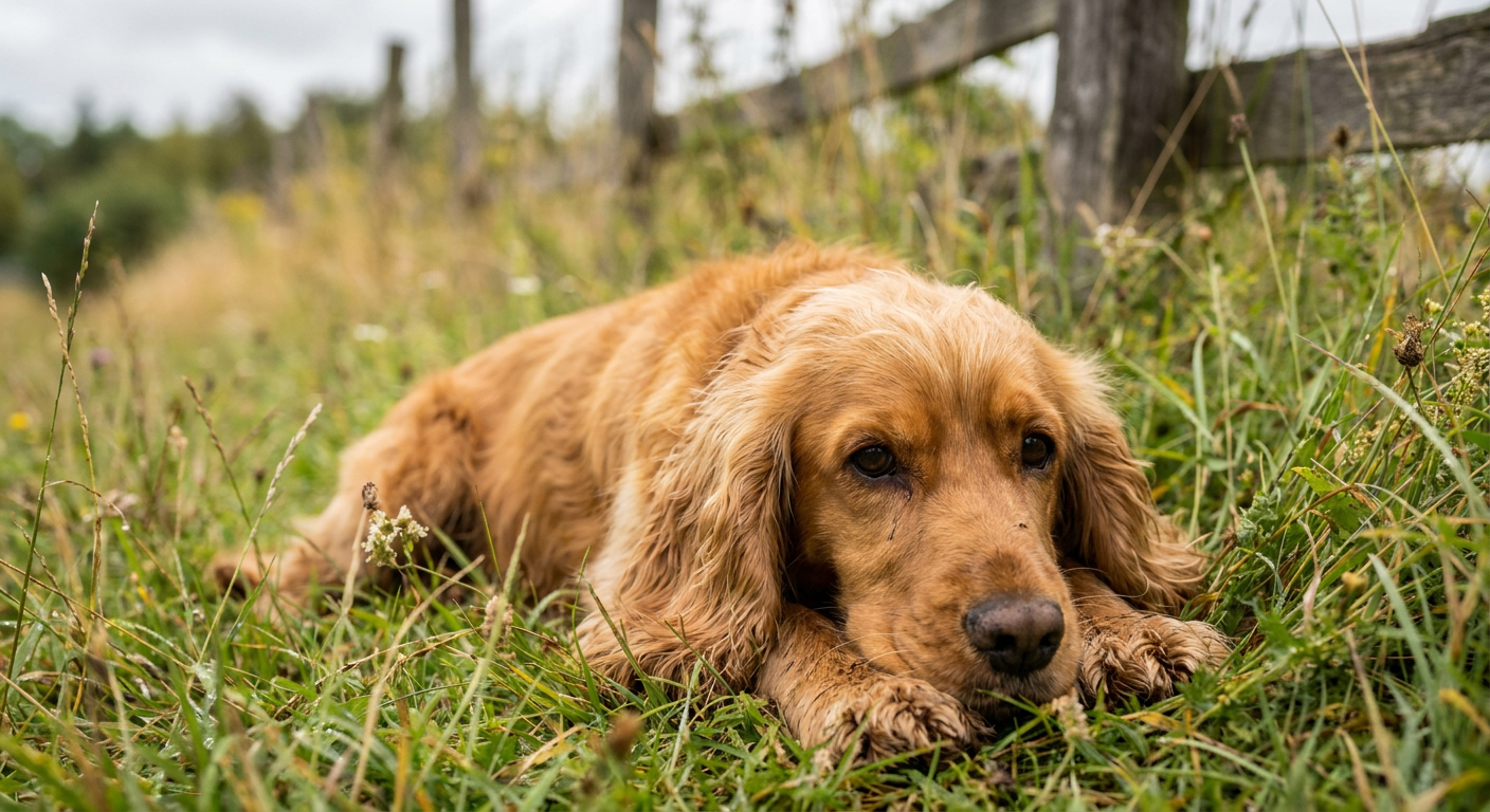 A medium-sized English Cocker Spaniel with long, feathered ears and a silky coat standing in a field.