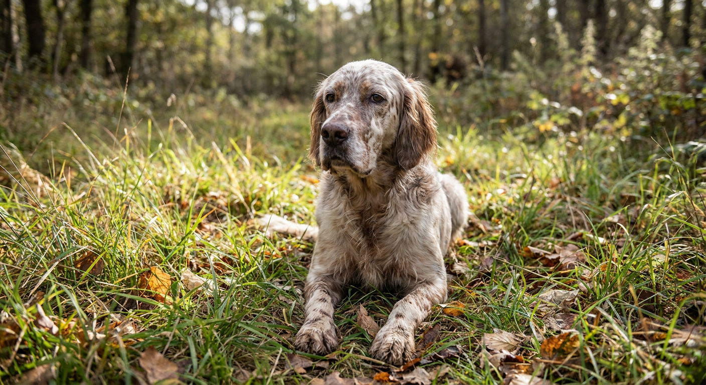 English Setter with feathered orange-and-white belton coat in a sunlit meadow