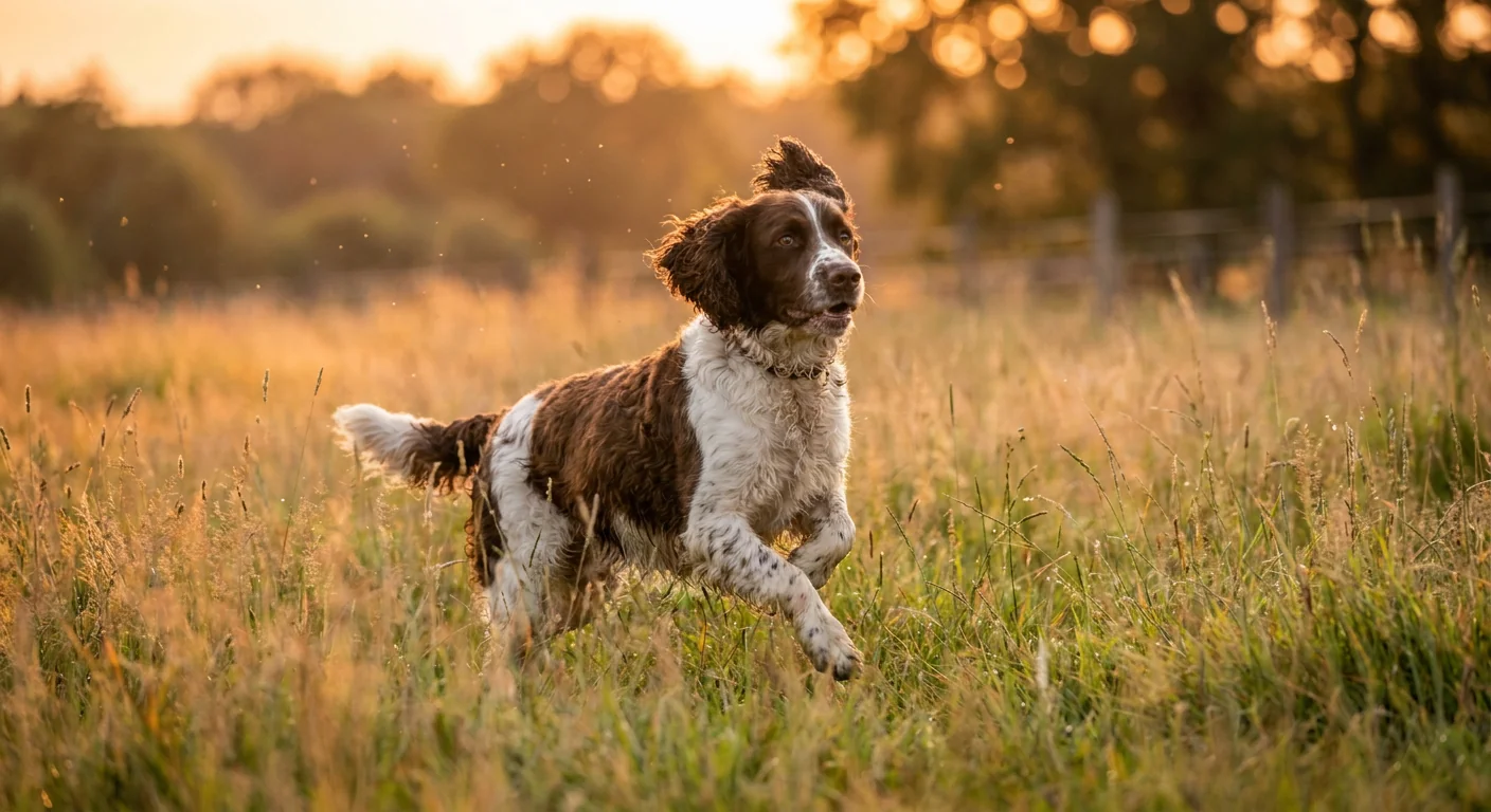 Liver and white English Springer Spaniel sitting in a grassy field.