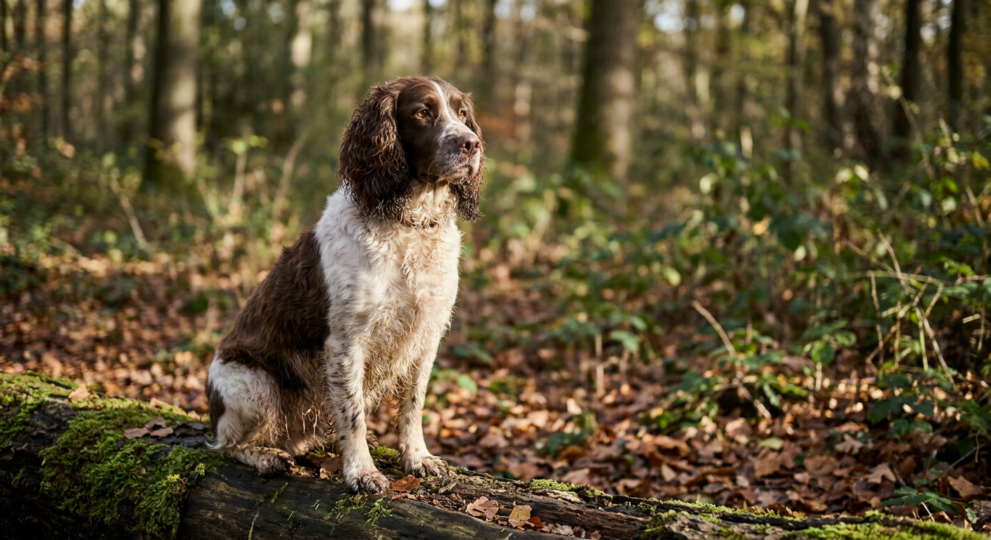 Liver and white English Springer Spaniel sitting in a grassy field.