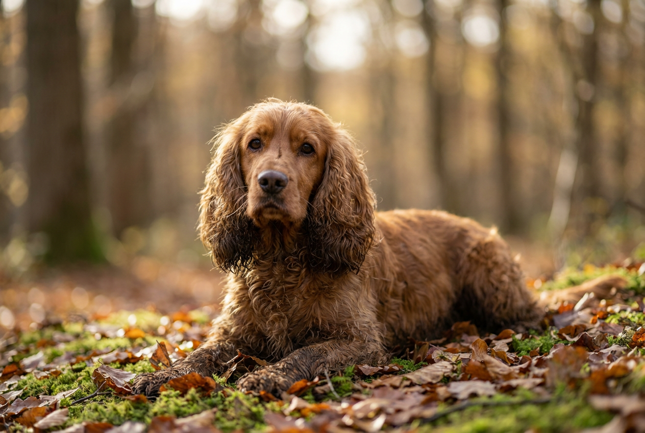 A solid liver-colored Field Spaniel standing in a grassy field, showing its glossy coat and soulful expression.