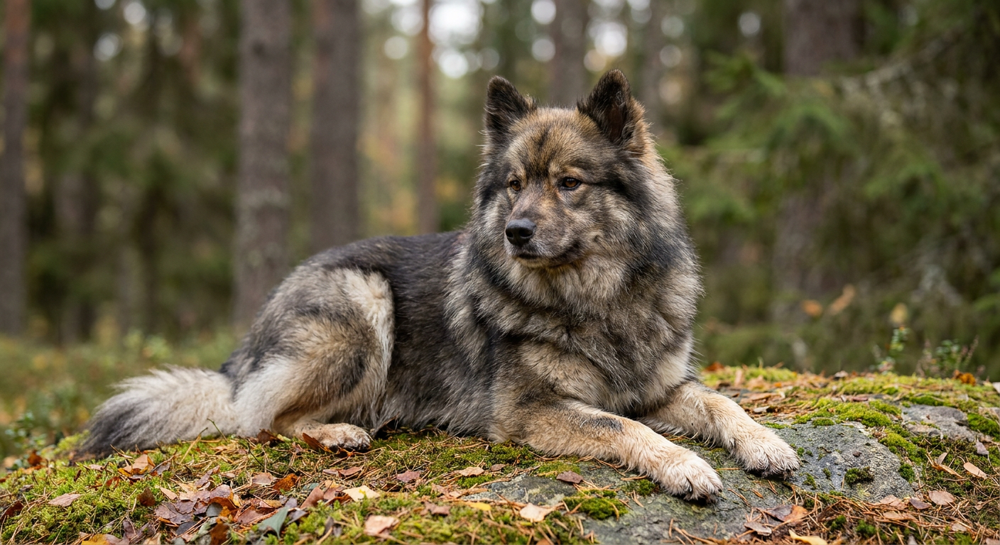 A Finnish Lapphund standing in a snowy landscape, showing its thick, multi-colored double coat and curved tail.