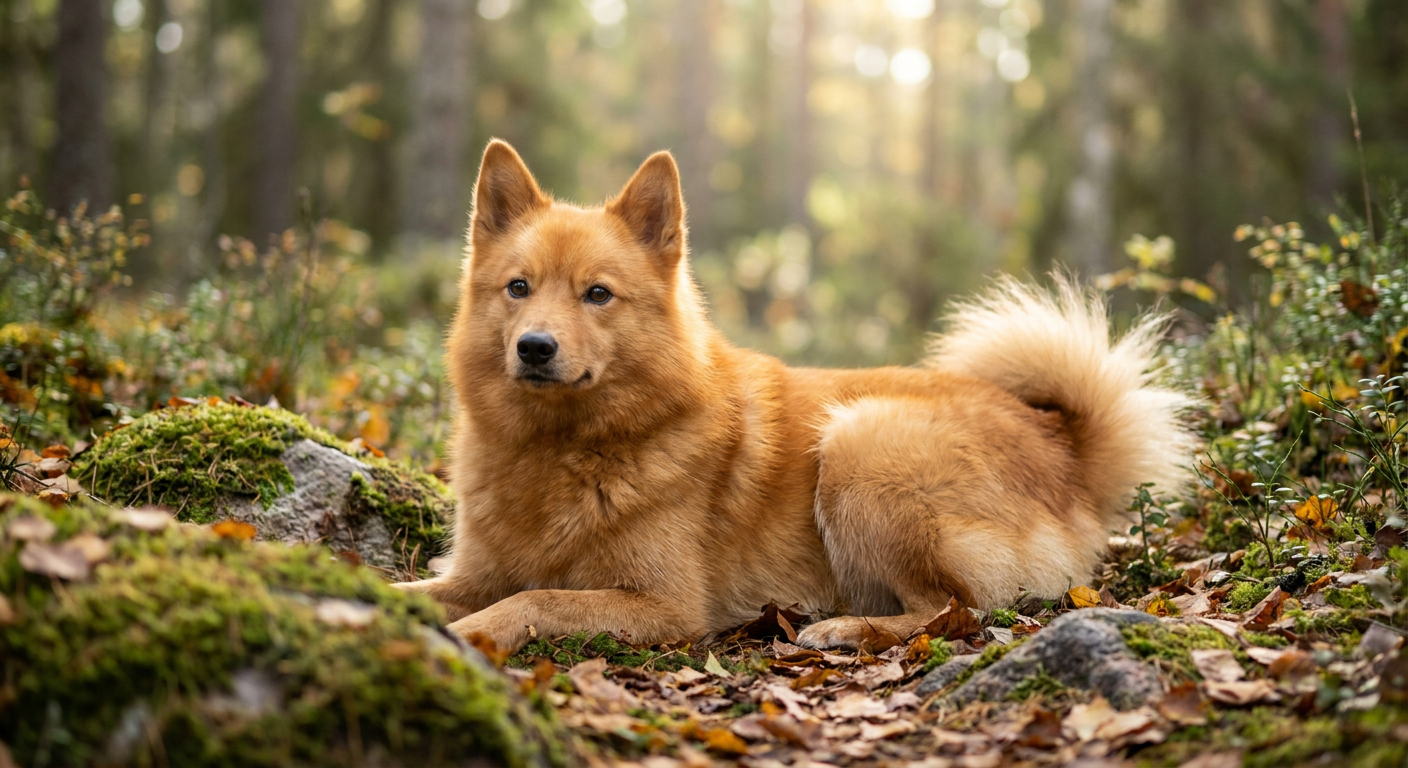 A fox-like Finnish Spitz with a vibrant red-gold coat, erect ears, and a curled tail standing in a forest setting.