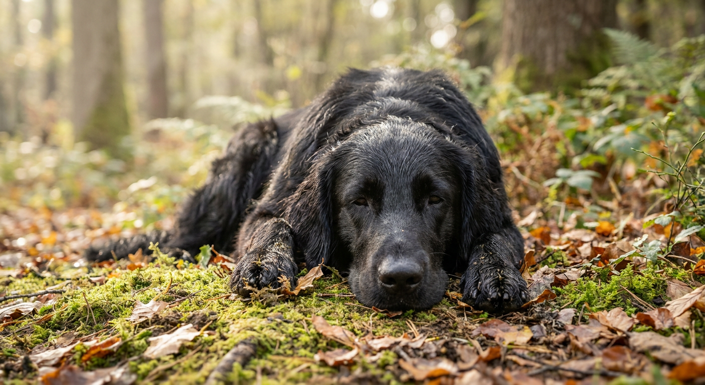 A sleek, black Flat-Coated Retriever standing in a field with an alert expression and a wagging tail.