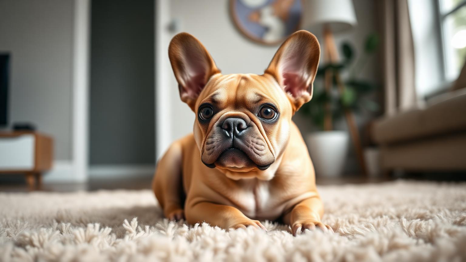 Fawn French Bulldog sitting on a soft rug in a modern apartment