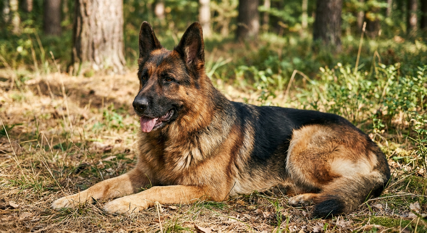 German Shepherd standing alert in a green park