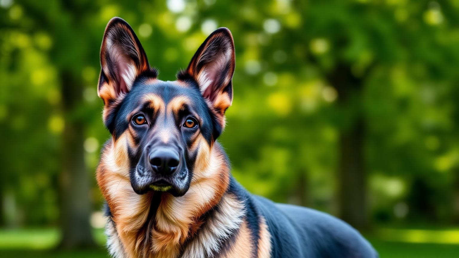 German Shepherd standing alert in a green park