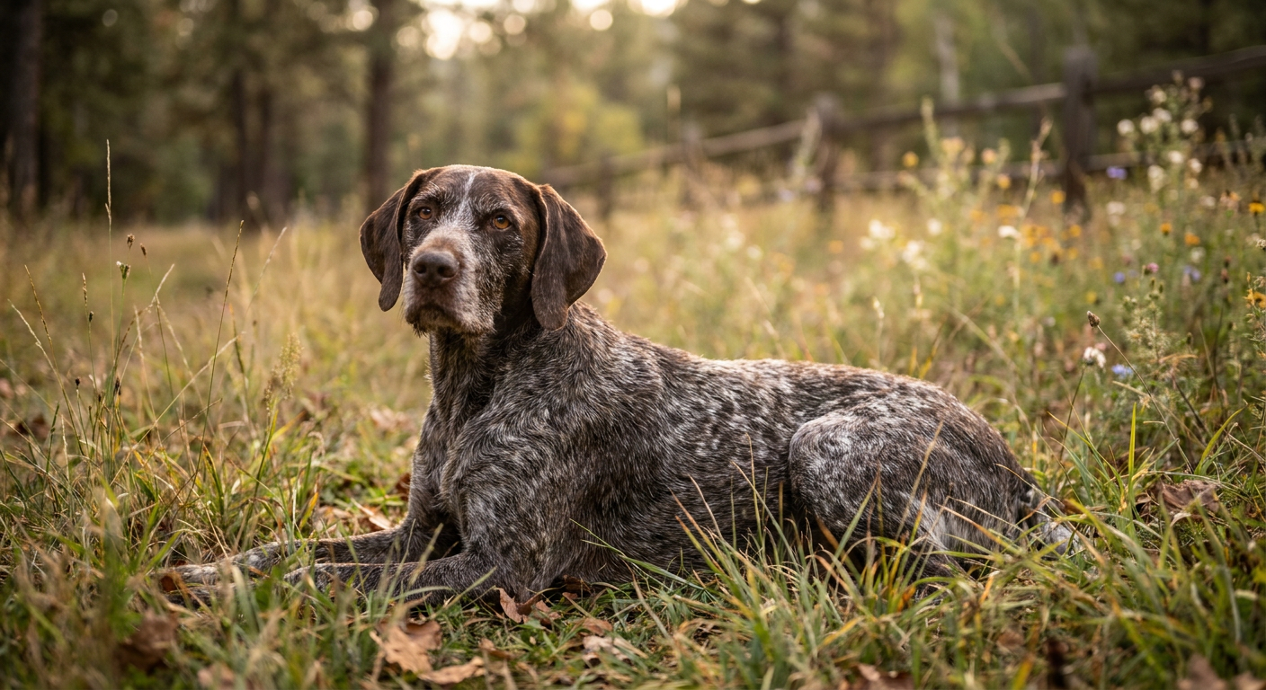 Liver-and-white German Shorthaired Pointer alert in an autumn field at dawn