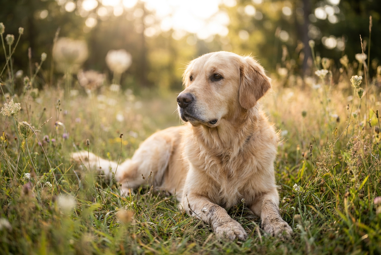 Golden Retriever lying calmly on a hardwood floor in bright morning light