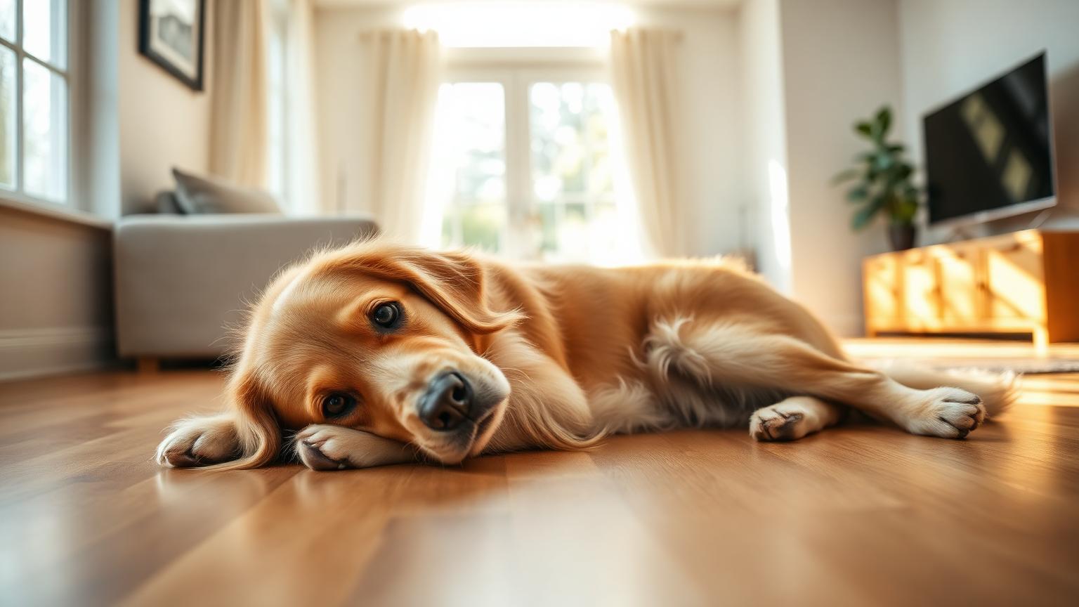 Golden Retriever lying calmly on a hardwood floor in bright morning light