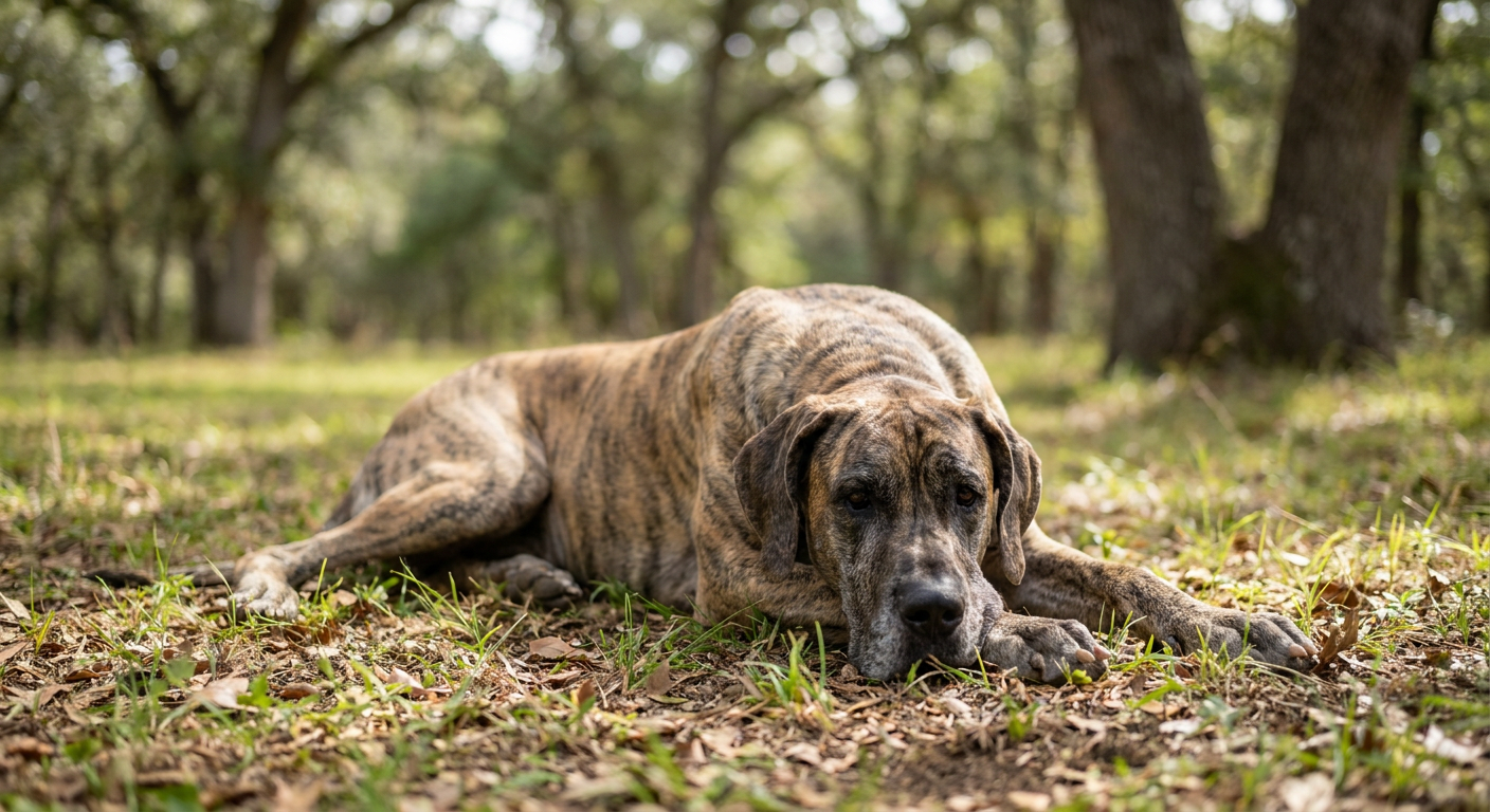 Fawn Great Dane standing in a grassy field.