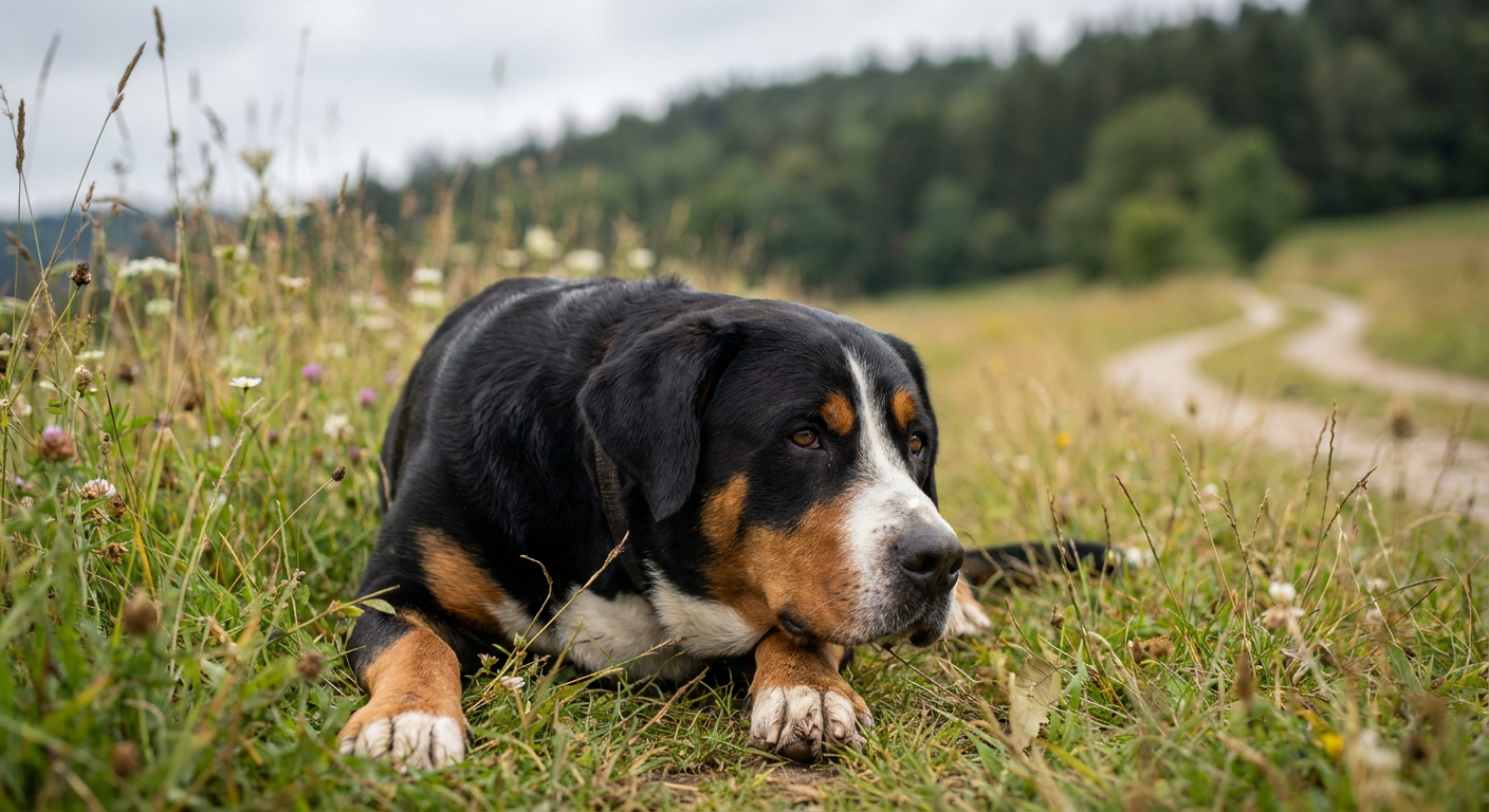 A large, muscular tricolor dog with a short coat and sturdy frame standing in a grassy field.