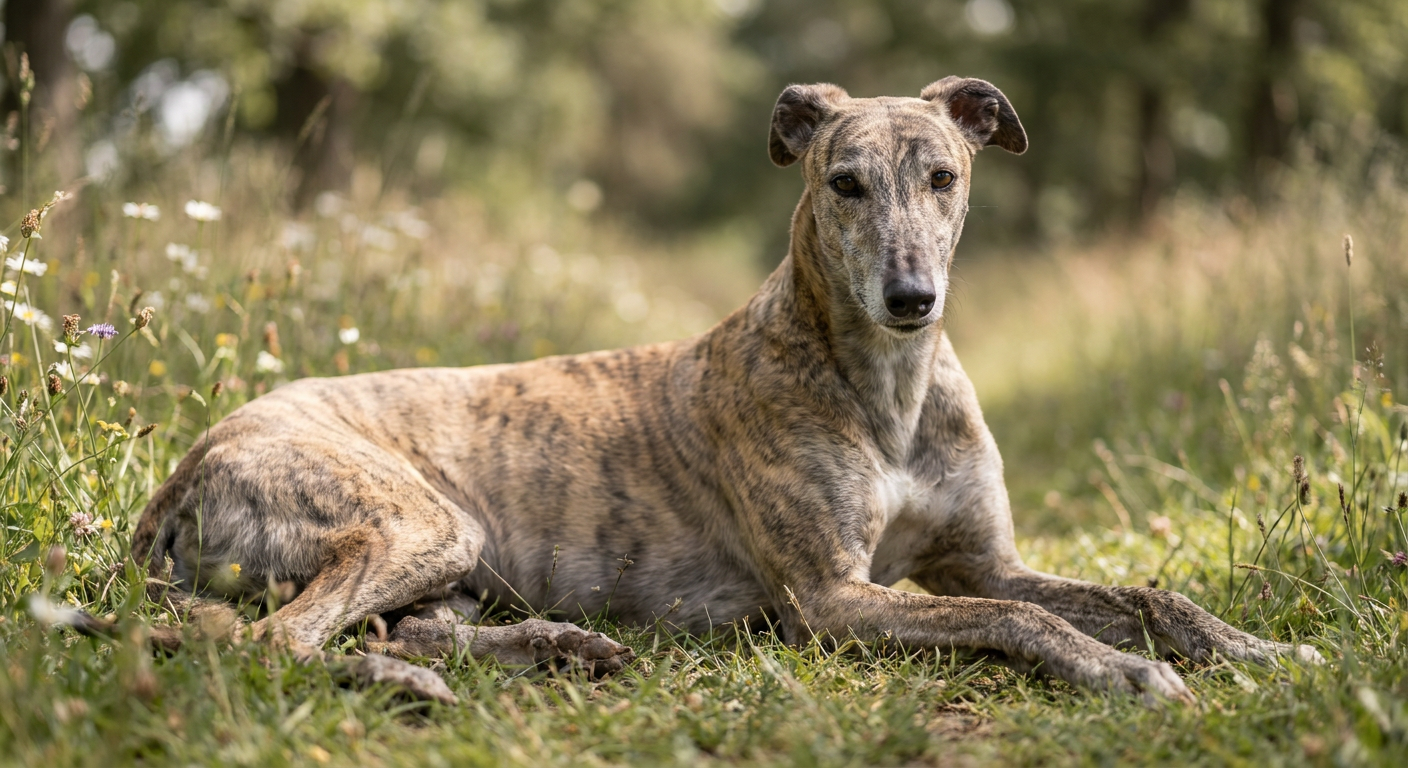 A brindle-coated Greyhound standing in a grassy field.