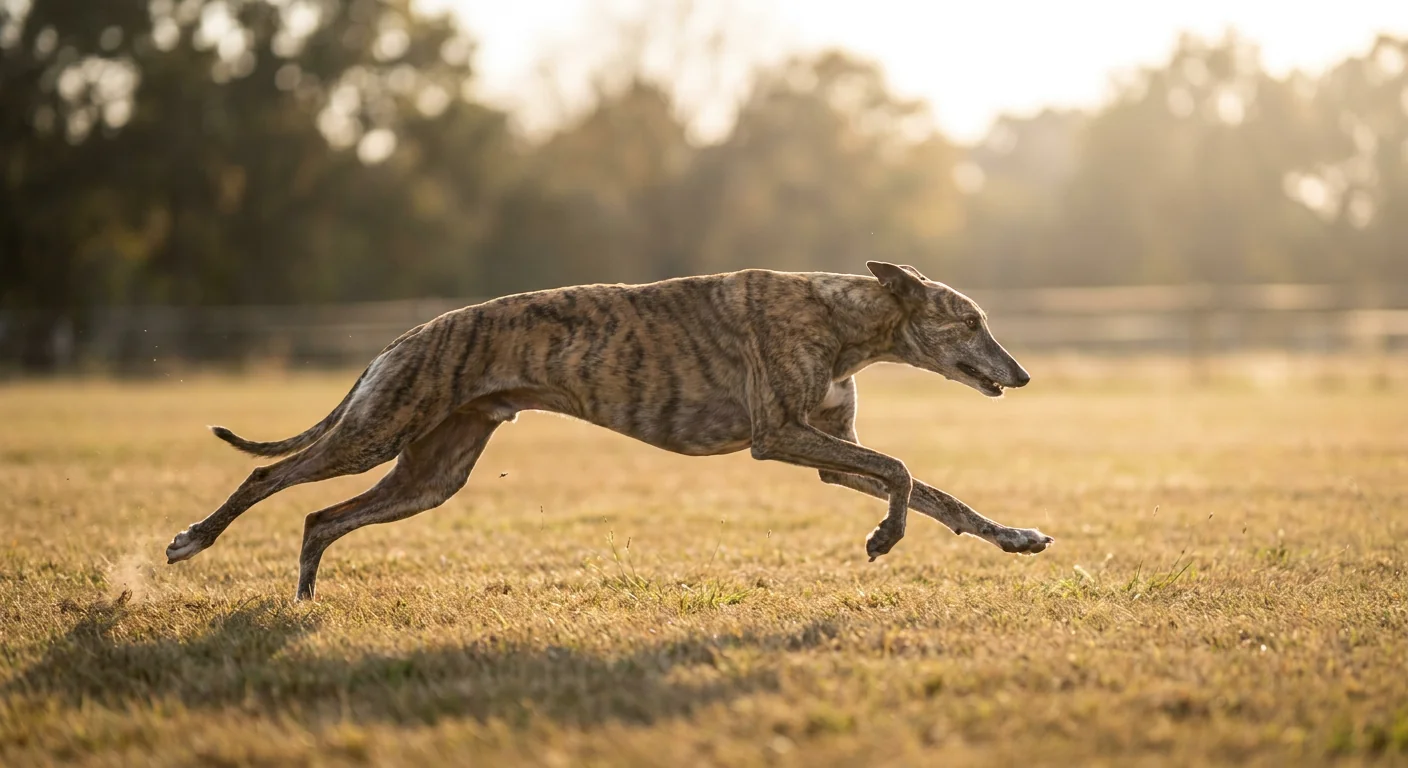 A brindle-coated Greyhound standing in a grassy field.