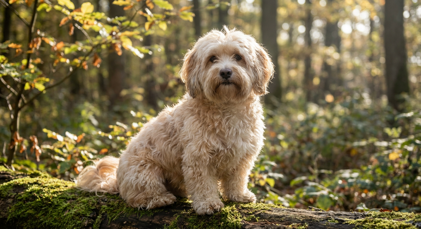 Havanese with silky long white-and-cream coat sitting on a wooden floor in soft window light