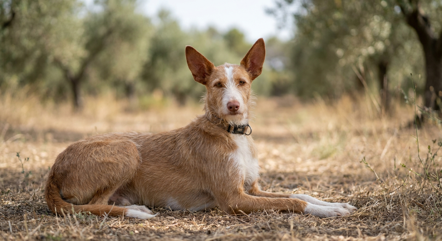 An elegant, athletic Ibizan Hound standing in a field showing its large, upright ears and lean profile.