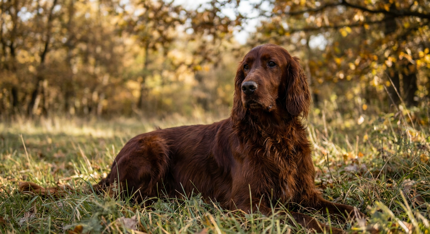 Mahogany Irish Setter standing on a manicured lawn at golden hour
