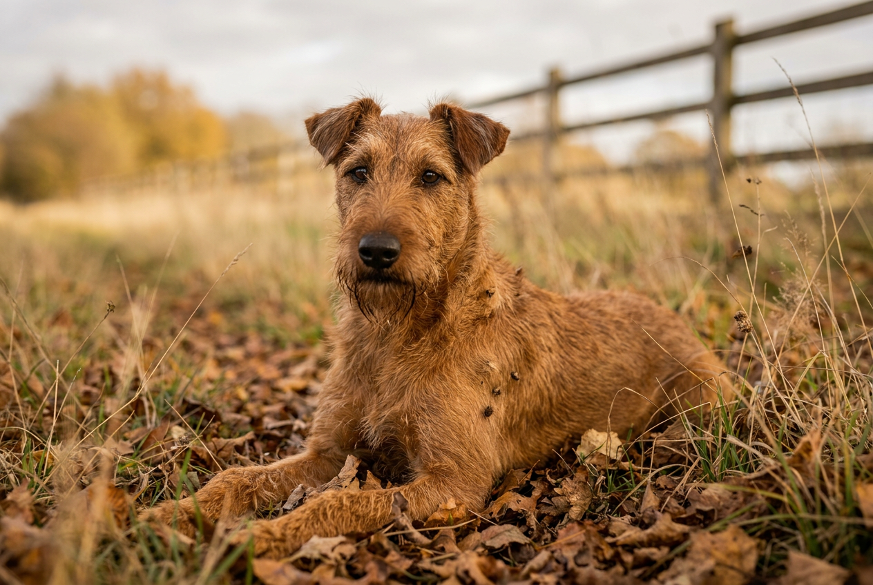 An Irish Terrier standing in a grassy field, showcasing its distinctive wiry red coat and alert expression.