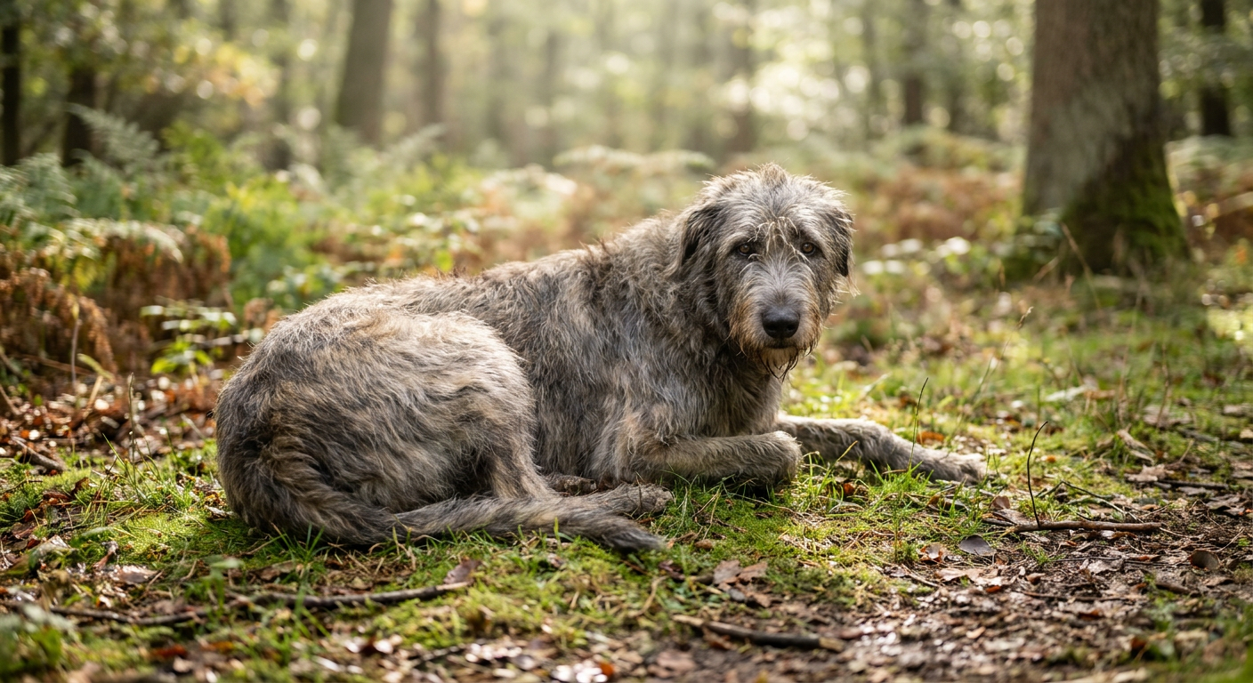 A massive, wiry-haired Irish Wolfhound standing calmly in a grassy field.