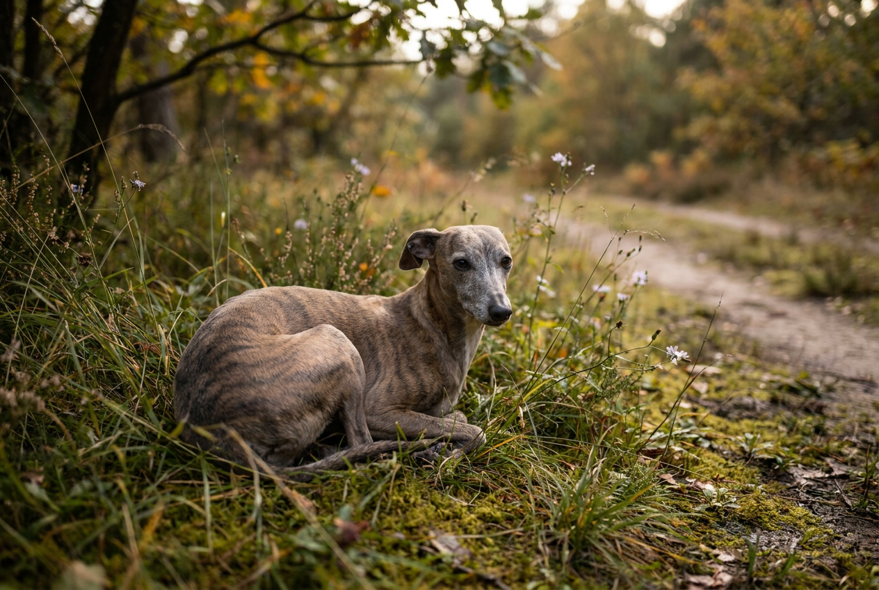 Sleek fawn Italian Greyhound curled on a cream linen couch in a sunlit room