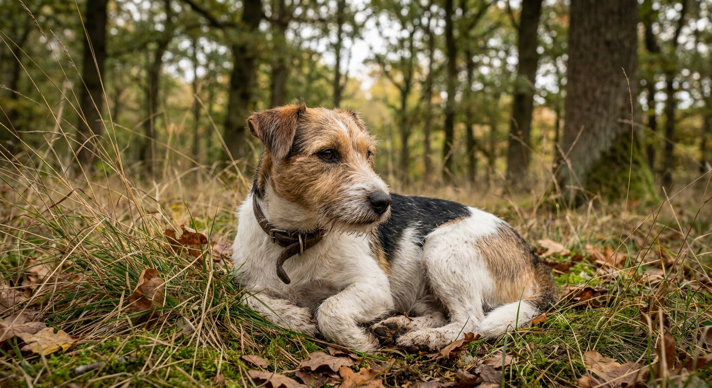 White-and-tan Jack Russell Terrier mid-stride on a sunlit lawn