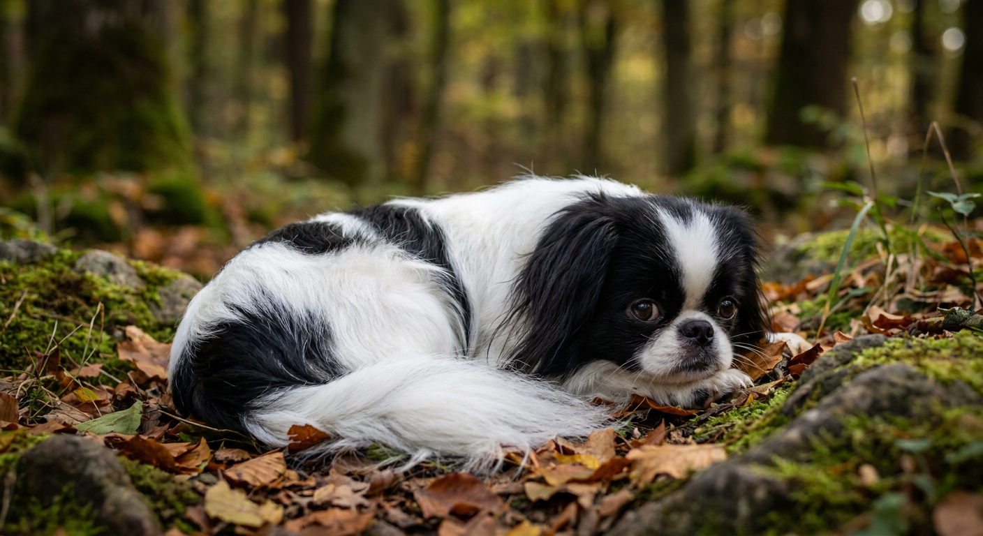 A small Japanese Chin dog with a silky black and white coat, large dark eyes, and a flat face.