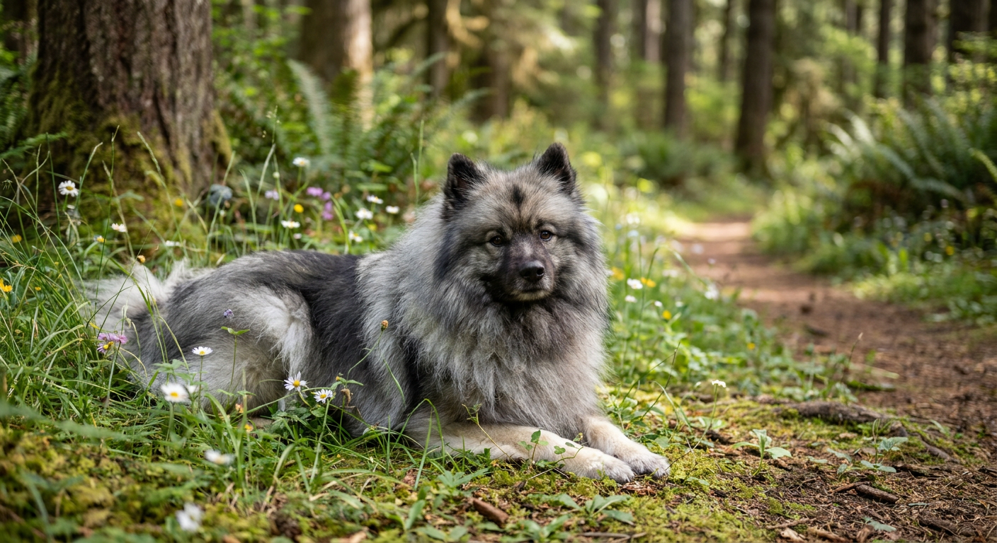 Keeshond with thick silver-and-black ruffed coat sitting on a green lawn at golden hour